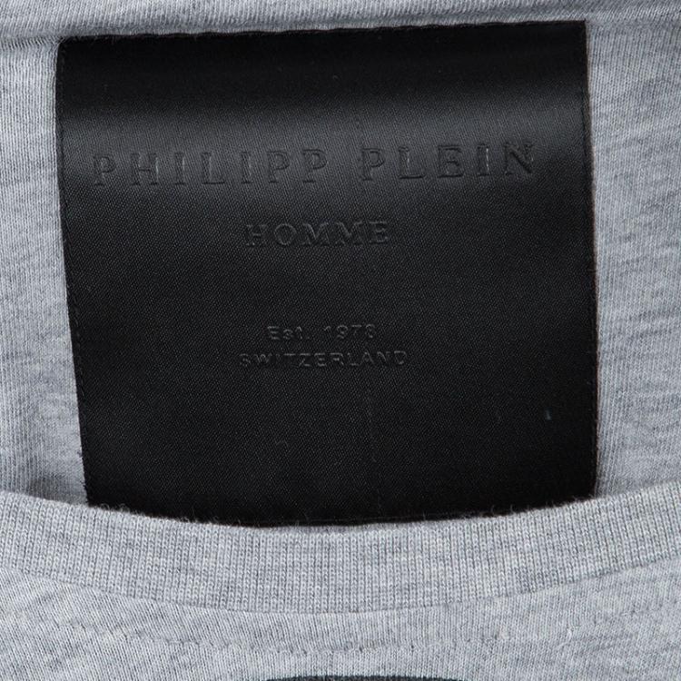 Pre Owned Philipp Plein Grey Embellished Terrorist Panda Print T-Shirt L
