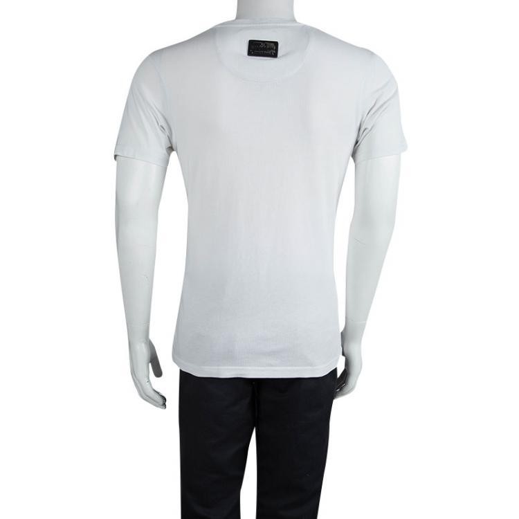 Pre Owned Philipp Plein White Embellished Black Money V-Neck T-Shirt L