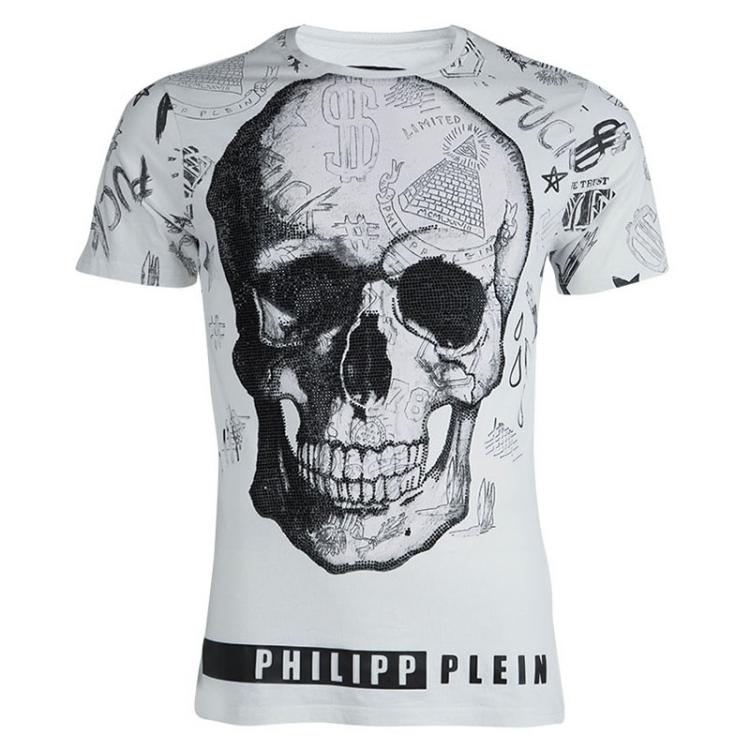 Philipp Plein White Embellished Skull Print Crew Neck T-Shirt L