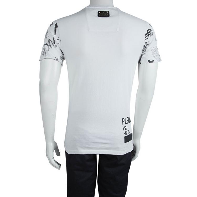 Pre Owned Philipp Plein White Embellished Skull Print Crew Neck  T-Shirt L