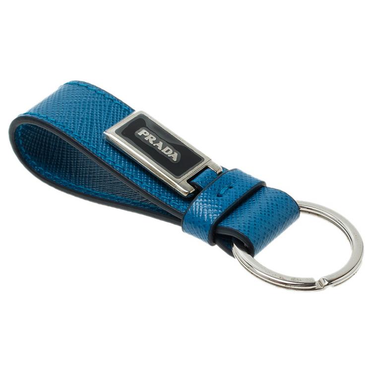 Pre Owned Prada Blue Saffiano Leather Logo Strap Key Chain 