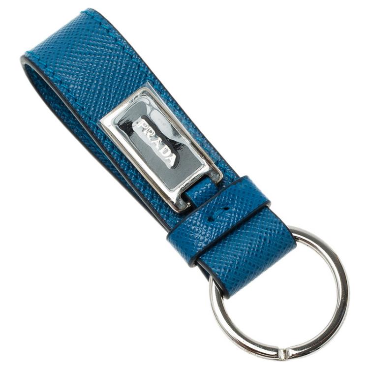 Pre Owned Prada Blue Saffiano Leather Logo Strap Key Chain 