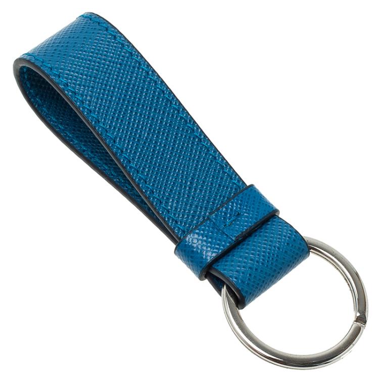 Pre Owned Prada Blue Saffiano Leather Logo Strap Key Chain 