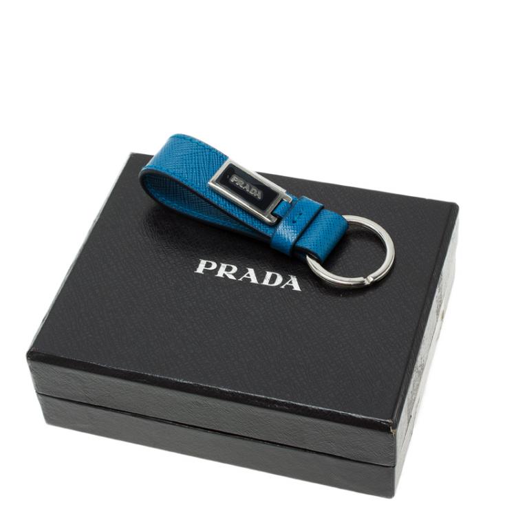 Pre Owned Prada Blue Saffiano Leather Logo Strap Key Chain 