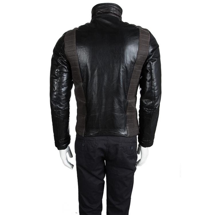 Pre Owned Prada Sport Black Quilted Panel Detail Leather Jacket M