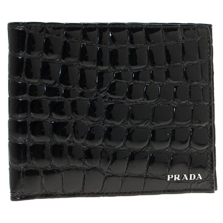 Pre Owned Prada Black Crocodile Embossed Patent Bi-Fold Wallet