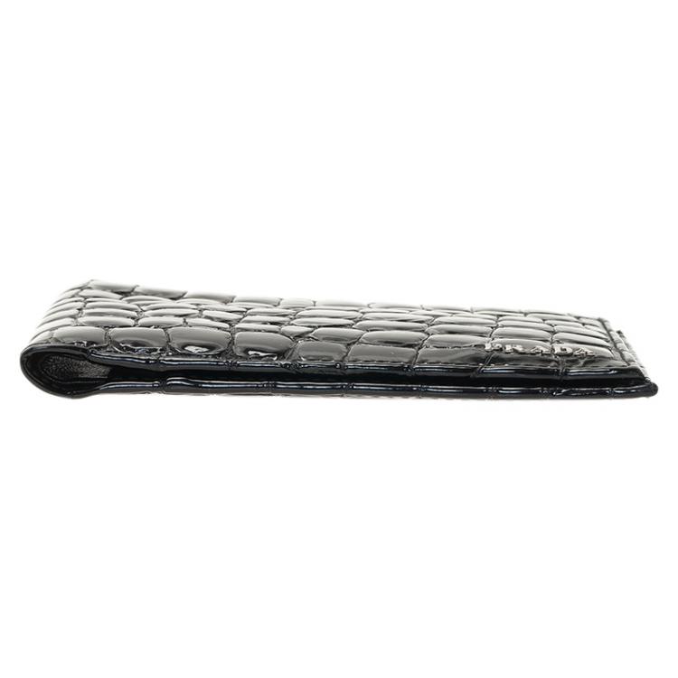 Pre Owned Prada Black Crocodile Embossed Patent Bi-Fold Wallet