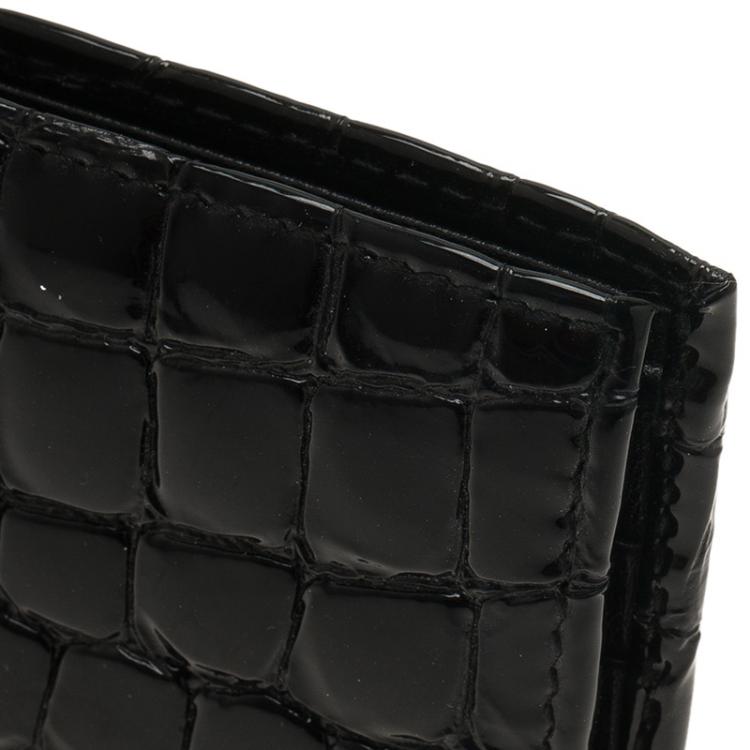 Pre Owned Prada Black Crocodile Embossed Patent Bi-Fold Wallet