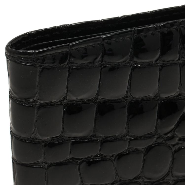 Pre Owned Prada Black Crocodile Embossed Patent Bi-Fold Wallet