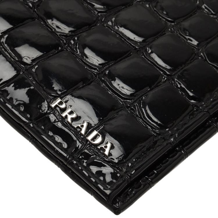 Pre Owned Prada Black Crocodile Embossed Patent Bi-Fold Wallet