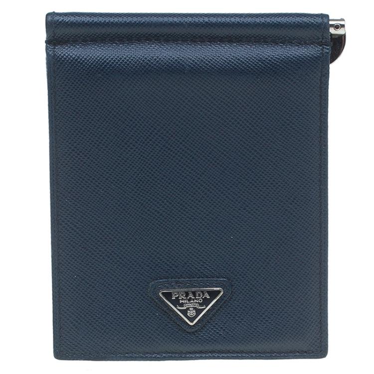 Pre Owned Prada Blue Leather Bi-Fold Wallet
