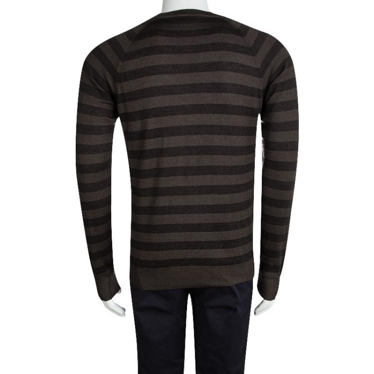 Pre Owned Prada Brown Striped Wool Crew Neck Sweater L