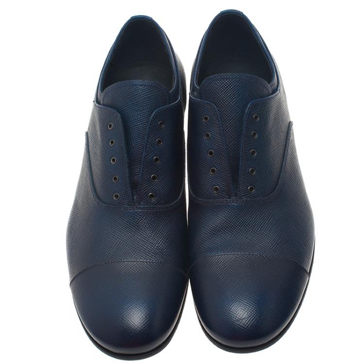 Pre Owned Prada Navy Blue Saffiano Laceless Oxfords Size 44