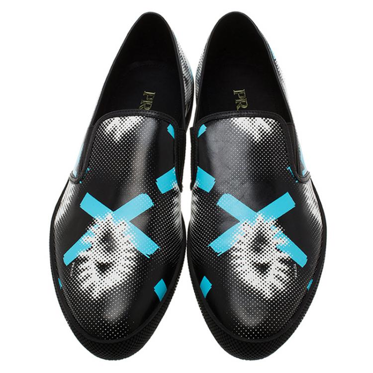Pre Owned Prada Black Printed  Leather Runway Slip On Sneakers Size 44.5