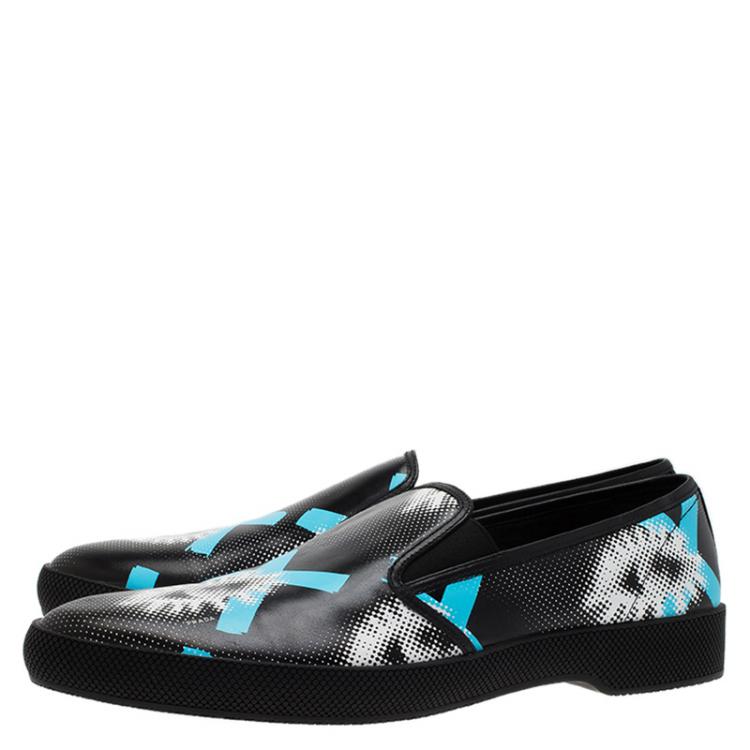 Pre Owned Prada Black Printed  Leather Runway Slip On Sneakers Size 44.5
