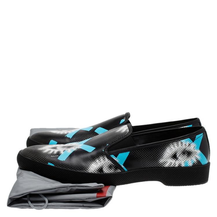 Pre Owned Prada Black Printed  Leather Runway Slip On Sneakers Size 44.5