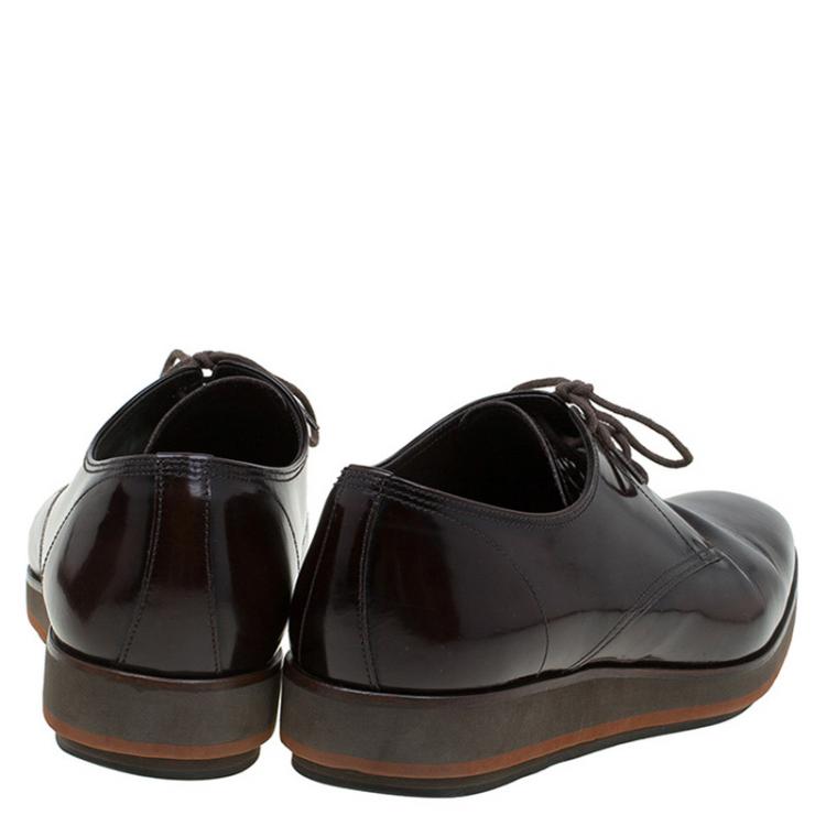 Pre Owned Prada Brown Leather Spazzolato Wedge Bluchers Size 42.5