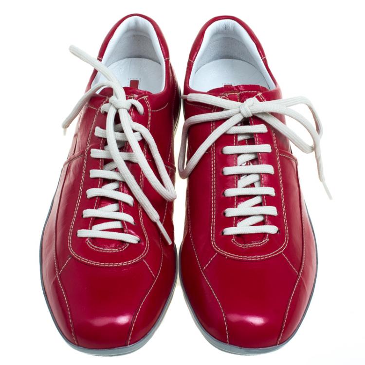 Pre Owned Prada Red Glazed Leather Sneakers Size 42