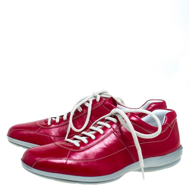 Pre Owned Prada Red Glazed Leather Sneakers Size 42