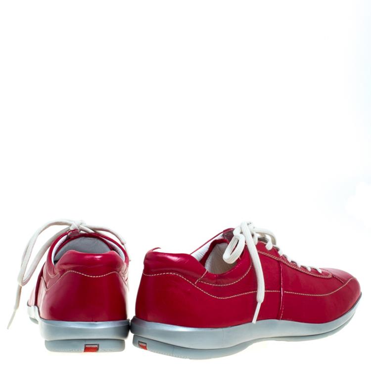 Pre Owned Prada Red Glazed Leather Sneakers Size 42