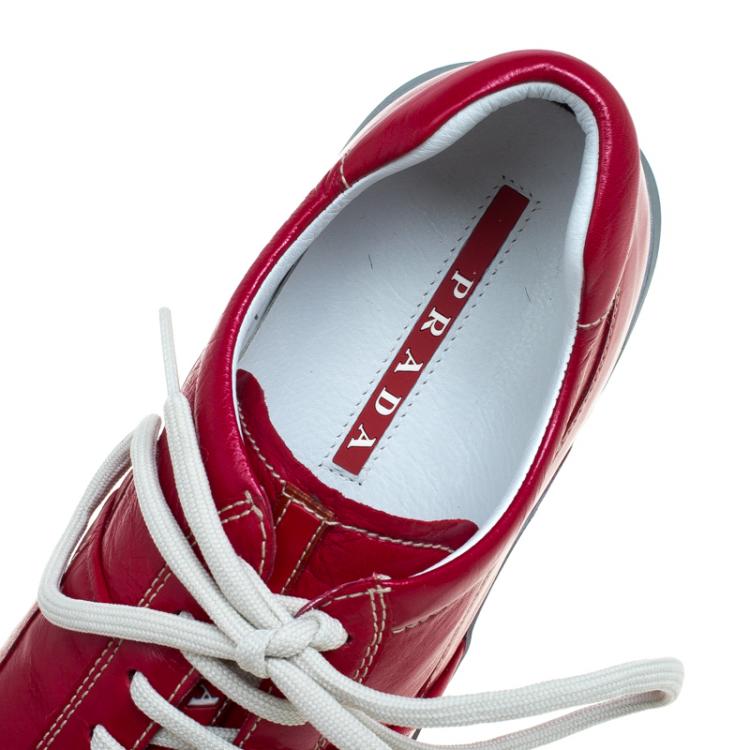 Pre Owned Prada Red Glazed Leather Sneakers Size 42