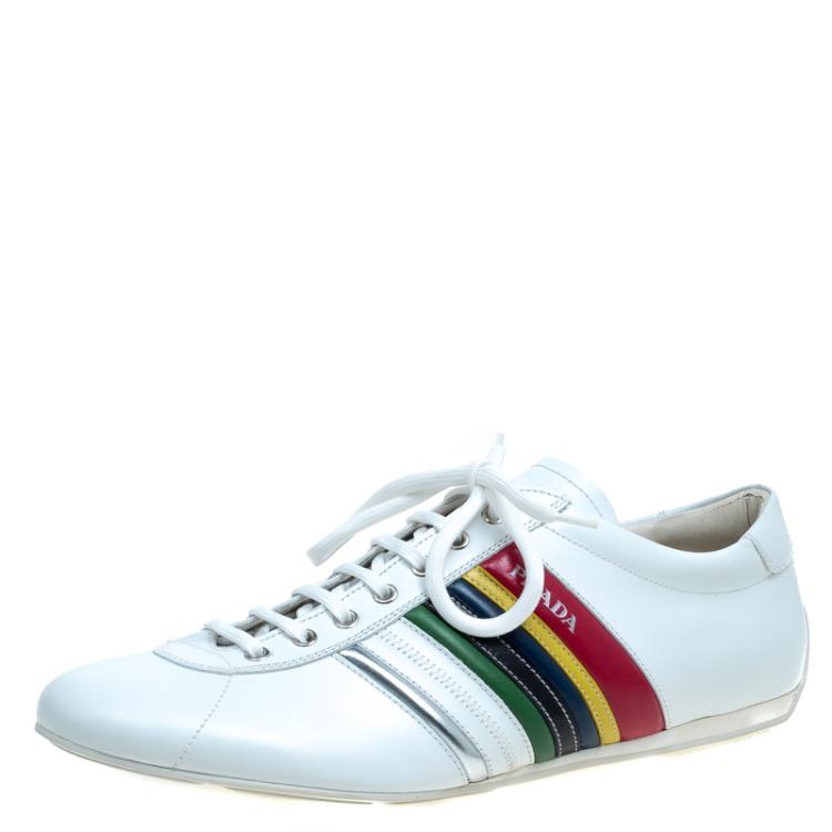 Pre Owned Prada White Multicolor Leather Sneakers Size 43.5