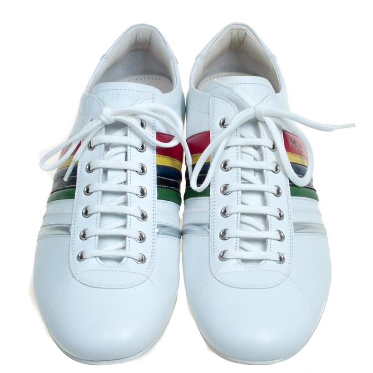 Pre Owned Prada White Multicolor Leather Sneakers Size 43.5