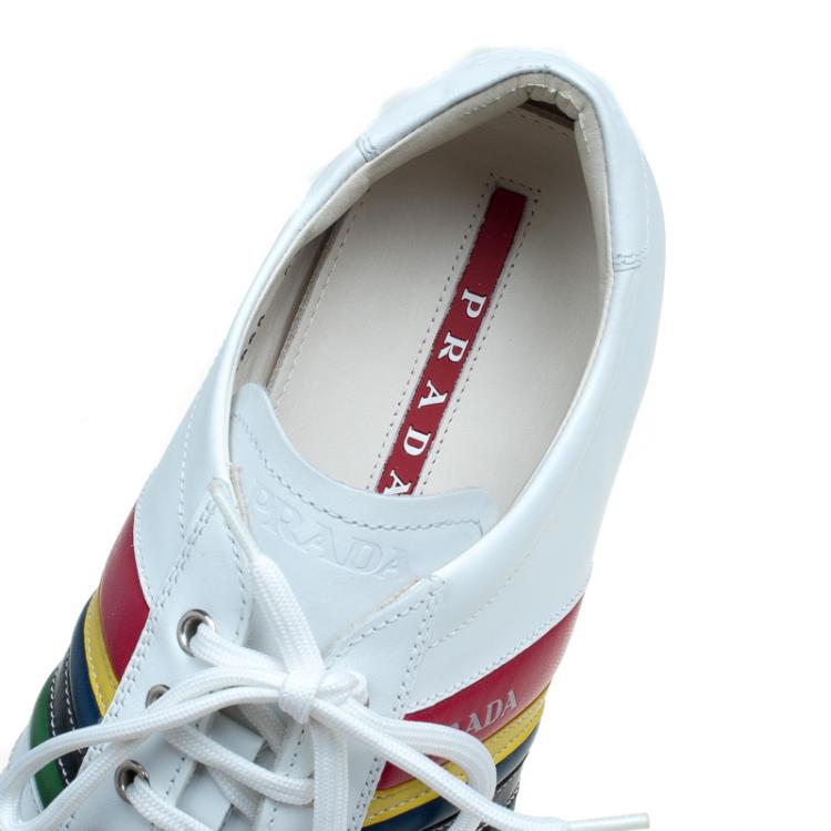 Pre Owned Prada White Multicolor Leather Sneakers Size 43.5