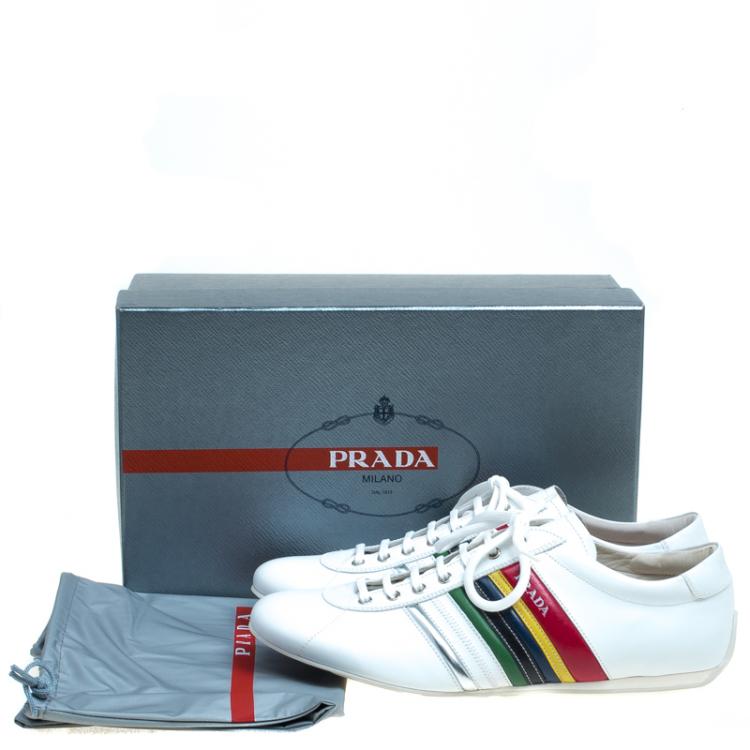 Pre Owned Prada White Multicolor Leather Sneakers Size 43.5