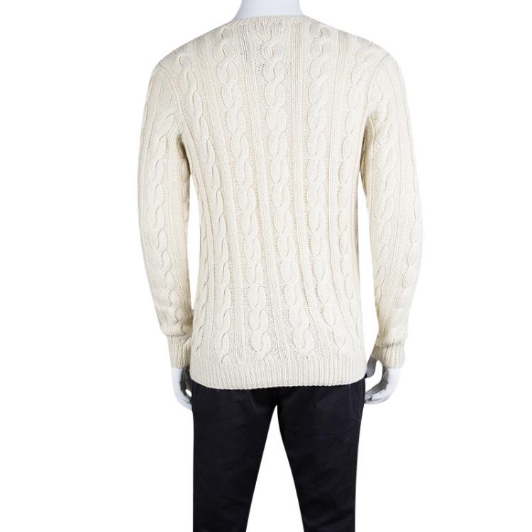 Pre Owned Ralph Lauren Cream Cable Handknit V Neck Sweater S