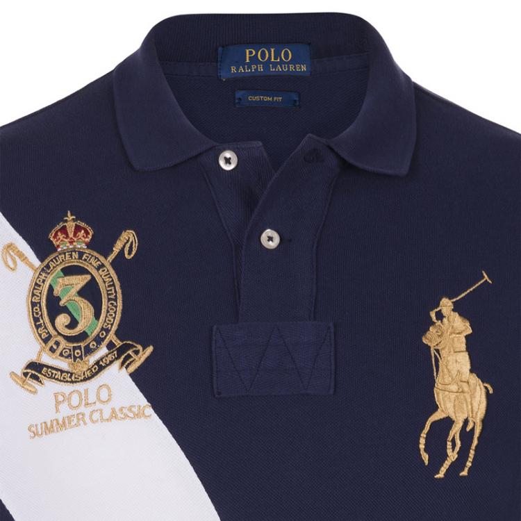 Pre Owned Polo Ralph Lauren Navy Blue/White Stripe Logo Polo Shirt S