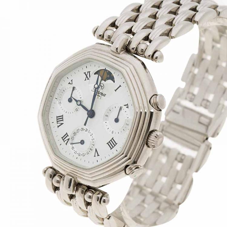 Pre Owned Rama Swiss Silver Stainless Steel Moonphase Men's Wristwatch 34MM