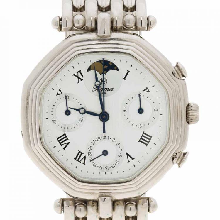 Pre Owned Rama Swiss Silver Stainless Steel Moonphase Men's Wristwatch 34MM