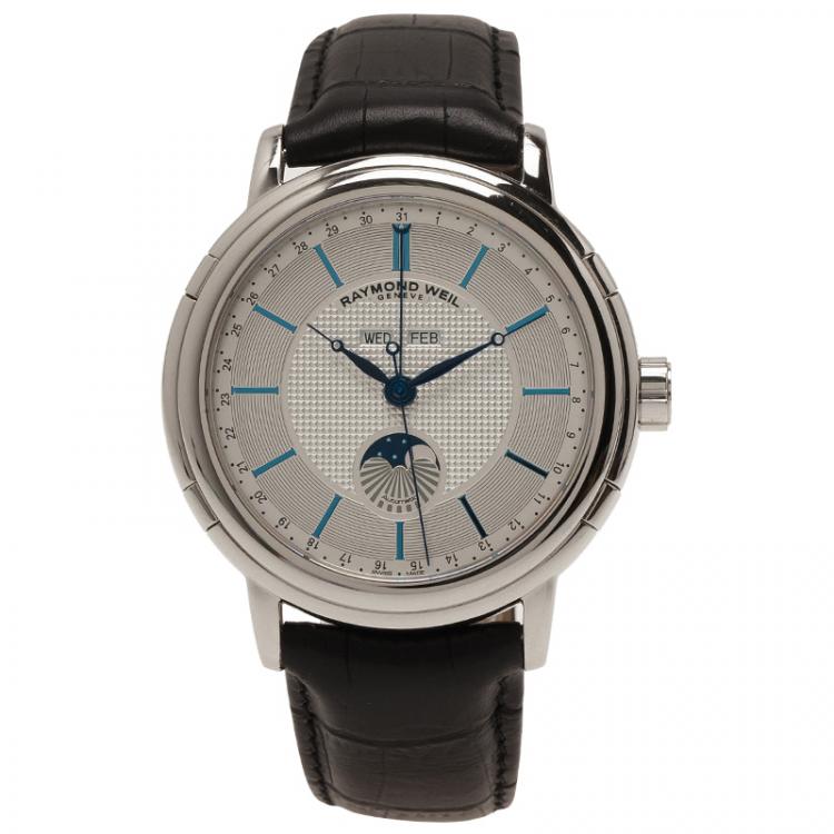 Pre Owned Raymond Weil Silver Stainless Steel Maestro Moonphase Men's Wristwatch 44MM