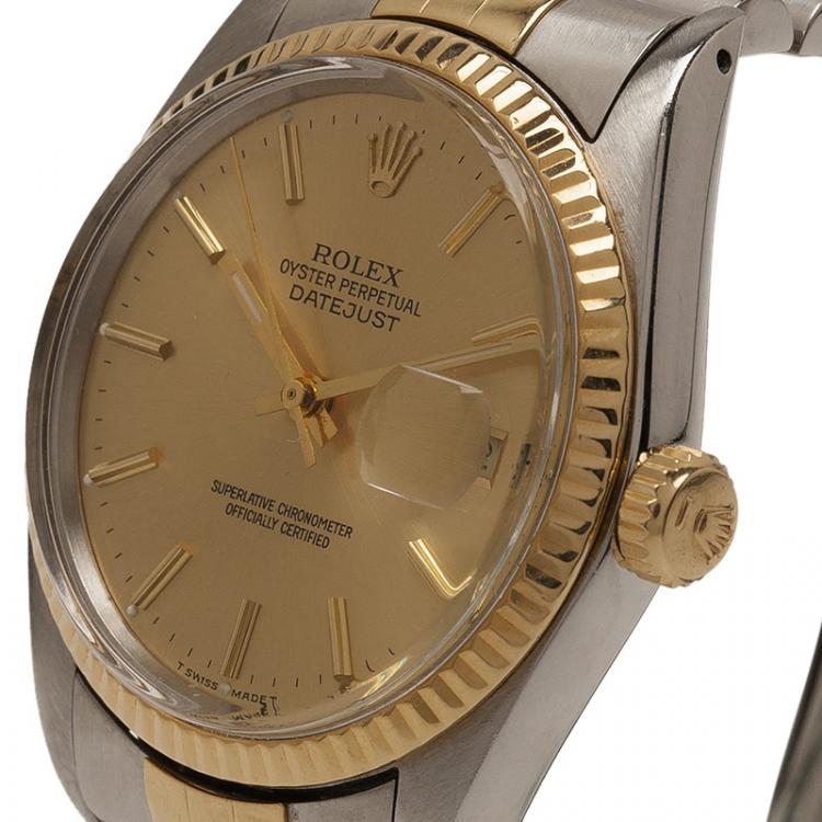 Pre Owned Rolex Champagne Stainless Steel and 18K Yellow gold Datejust Unisex Wristwatch 36MM