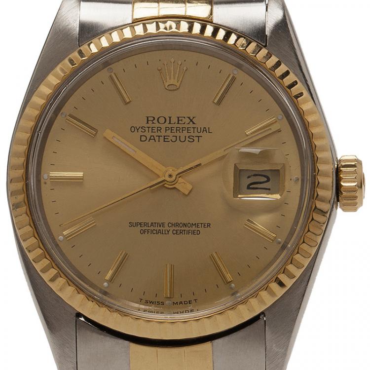 Pre Owned Rolex Champagne Stainless Steel and 18K Yellow gold Datejust Unisex Wristwatch 36MM