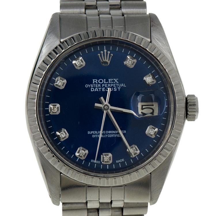 Pre Owned Rolex Blue Stainless Steel Datejust Men's Wristwatch 36MM