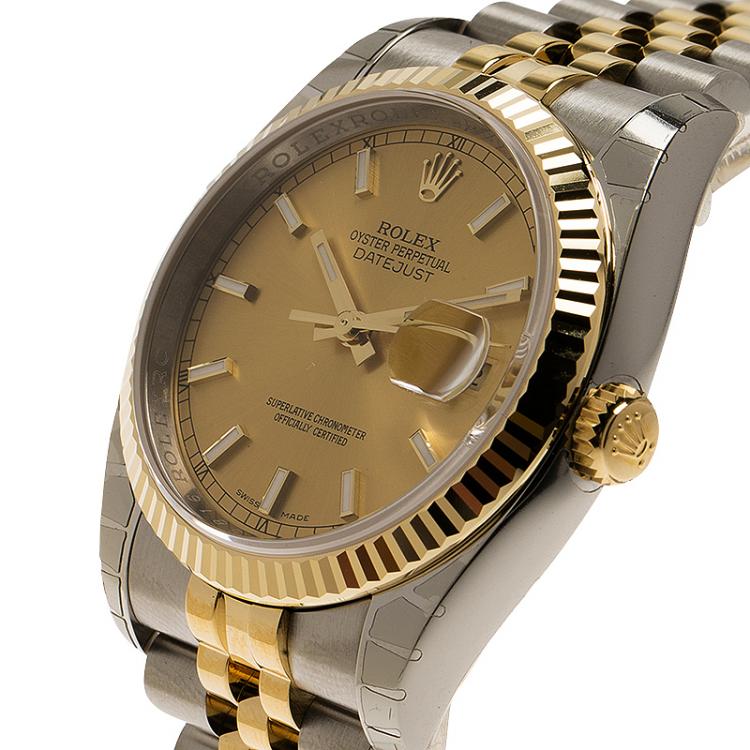 Pre Owned Rolex Champagne Stainless Steel and 18K Yellow gold Datejust Unisex Wristwatch 36MM