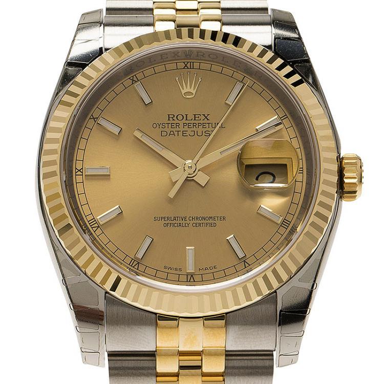 Pre Owned Rolex Champagne Stainless Steel and 18K Yellow gold Datejust Unisex Wristwatch 36MM