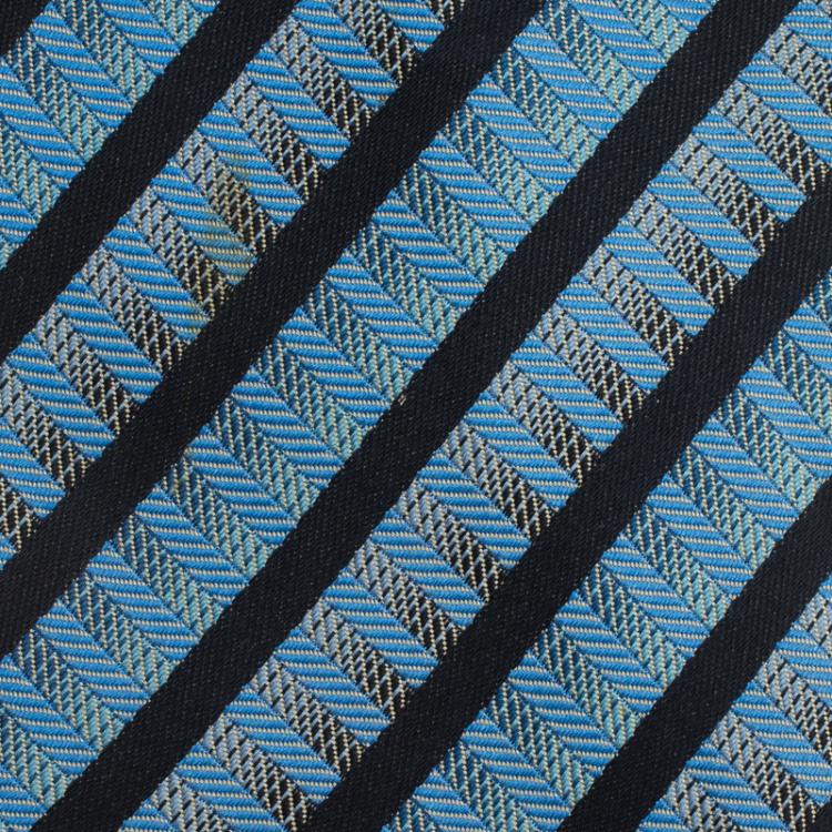 Pre Owned Saint Laurent Paris Blue and Black Striped Silk Tie