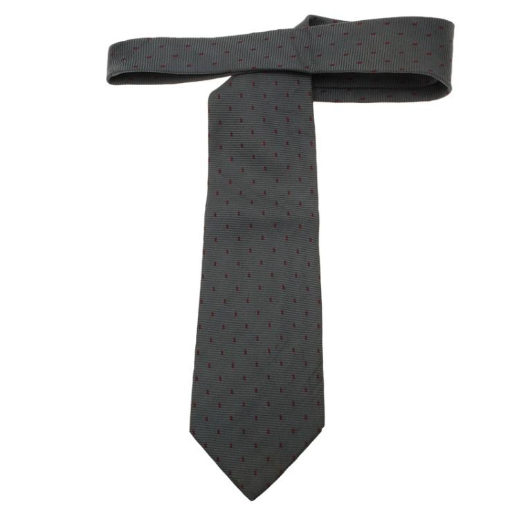 Pre Owned Saint Laurent Paris Grey and Red Dotted Silk Tie