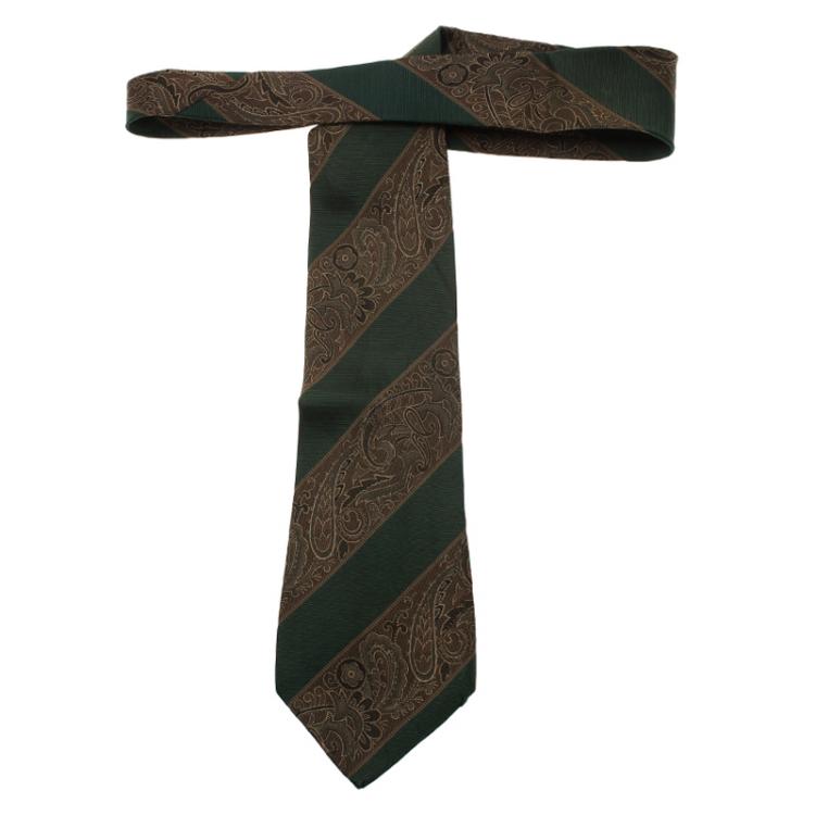 Pre Owned Saint Laurent Paris Green and Brown Embroidered Silk Tie