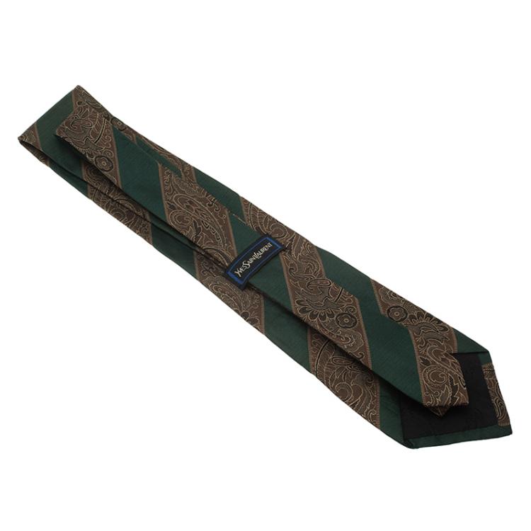 Pre Owned Saint Laurent Paris Green and Brown Embroidered Silk Tie
