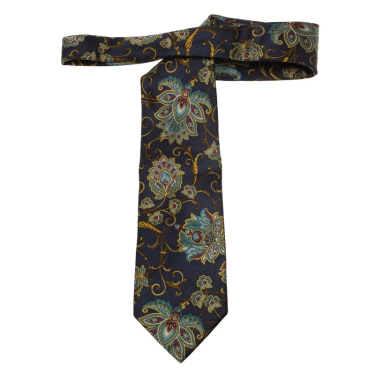 Pre Owned Saint Laurent Paris Blue Floral Print Silk Tie