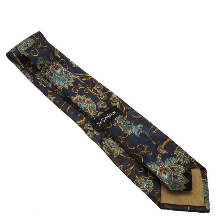 Pre Owned Saint Laurent Paris Blue Floral Print Silk Tie