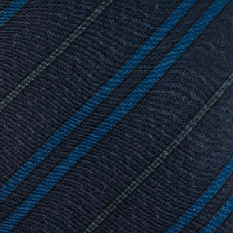Pre Owned Saint Laurent Paris Blue Striped Logo Silk Tie