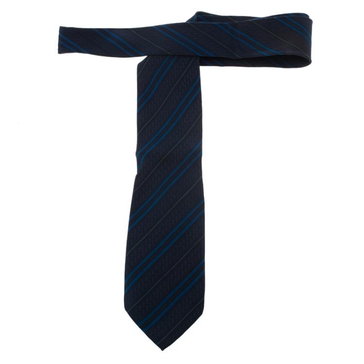 Pre Owned Saint Laurent Paris Blue Striped Logo Silk Tie