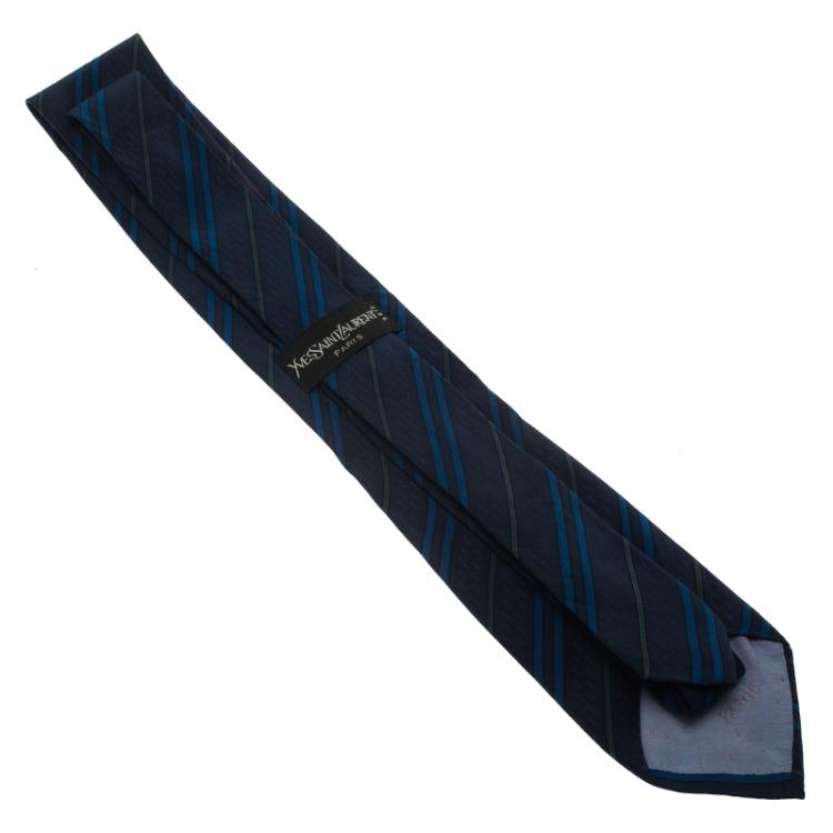 Pre Owned Saint Laurent Paris Blue Striped Logo Silk Tie