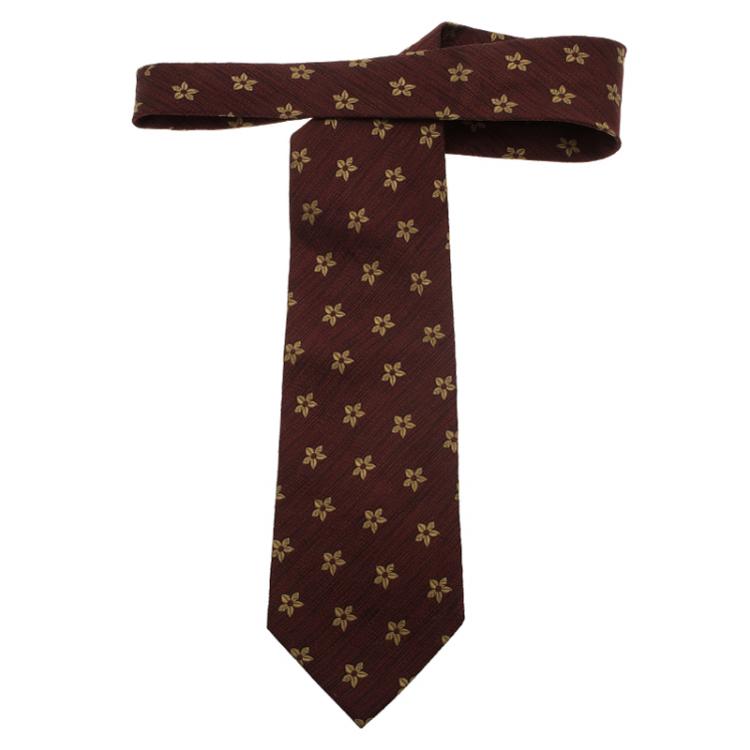 Pre Owned Saint Laurent Paris Burgundy and Beige Floral Woven Tie