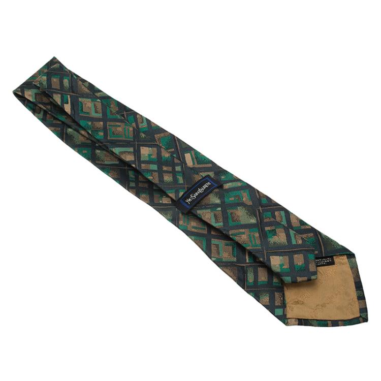 Pre Owned Saint Laurent Paris Green and Blue Woven Silk Tie